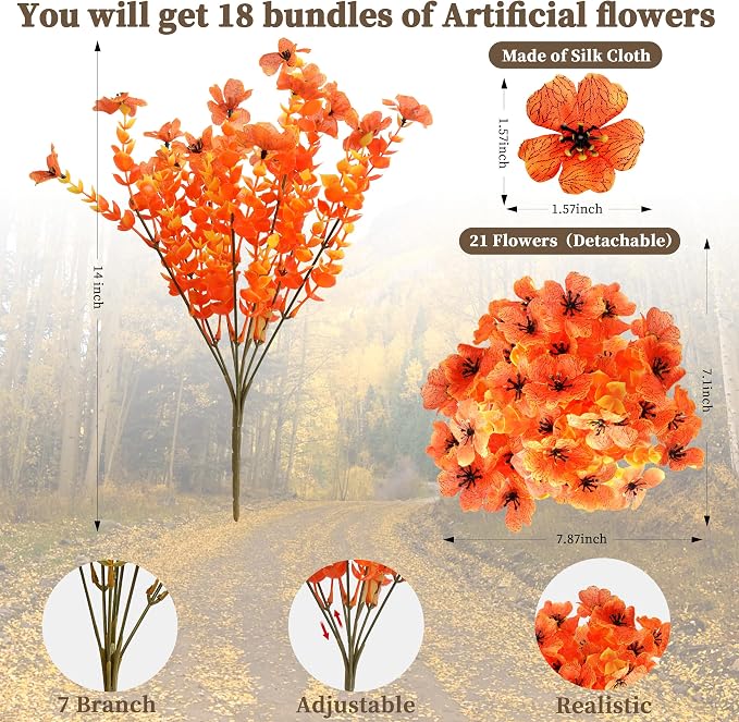 ColoPlay 18 Bundles Artificial Mums for Outdoors, Fake Flowers Fall Decor | Faux Mums for Outdoor Planters, Eucalyptus Leaves UV Resistant Fake Plants for Home Porch Box Wedding Farmhouse(Orange)