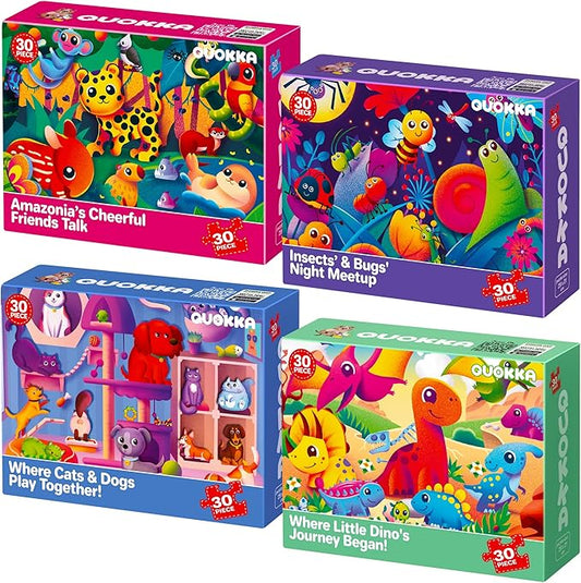 QUOKKA Puzzles for Toddlers 4-6 - 4 x 30 Pieces Puzzles for Kids Ages 3-4 - Dinosaur & Animals Learning Jigsaw Puzzles for Kids 3-5 Years Old - Educational Toys for Boy and Girl