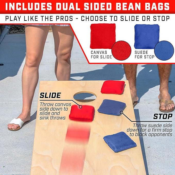 GoSports Dual Sided Cornhole Bean Bags - Slide and Stop Regulation Tournament Bean Bags, Set of 8
