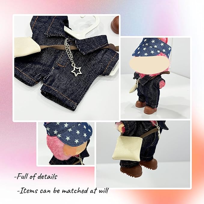 17cm Doll Clothes, Outfits Denim Jeans Set for 17cm Doll, Stylish Adorable 5 Piece Accessories Set with Clothing+Hat+Shoes+Bag+Necklace for Dolls(No Doll)