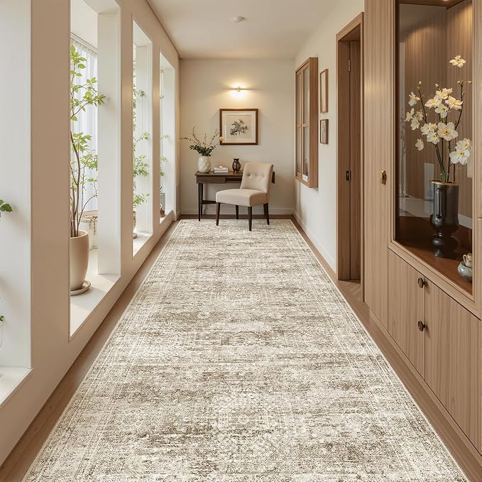Soalmost Washable 4x10 Hallway Runner Rug Non-Slip Kitchen Entry Rugs Brown | Vintage Wide Runners for Living Dining Room Entryway, Stain Resistant Low-Pile Long Floor Carpet 10ft for Corridor Bedroom