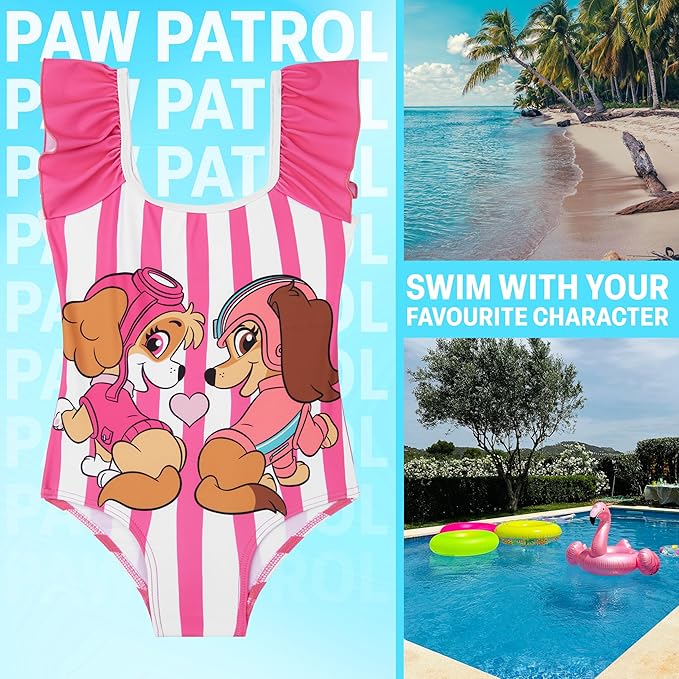 Paw Patrol | Bluey Girls Swimsuit, One Piece Toddler Bathing Suit with Ruffle Shoulder UPF 50+ Pool, Beach Swimwear