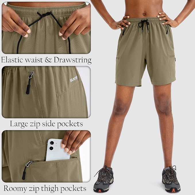 SANTINY Women's 5''/ 7''/9'' Hiking Cargo Shorts Quick Dry Lightweight Summer Shorts for Women Athletic Golf Zipper Pockets