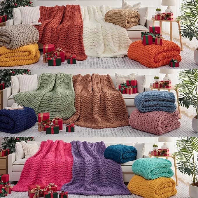 L'AGRATY Chunky Knit Throw Blanket for Couch, 60'' x 80'' Knit Throw, Grey | Handmade Chenille Crochet Blanket for Sofa Bed, Thick Cable Knitted Blankets for Room Home Decor, Birthday Gift for Women Mom