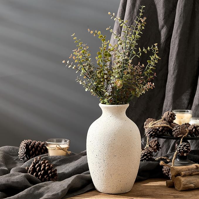 Large Ceramic Rustic Flower Vase, 10.43 Inch Tall Vintage Pottery Home Decor, Antique Farmhouse Terracotta Vase for Living Room, Table, Shelf, Mantel Decoration, Farmhouse - Cream-White