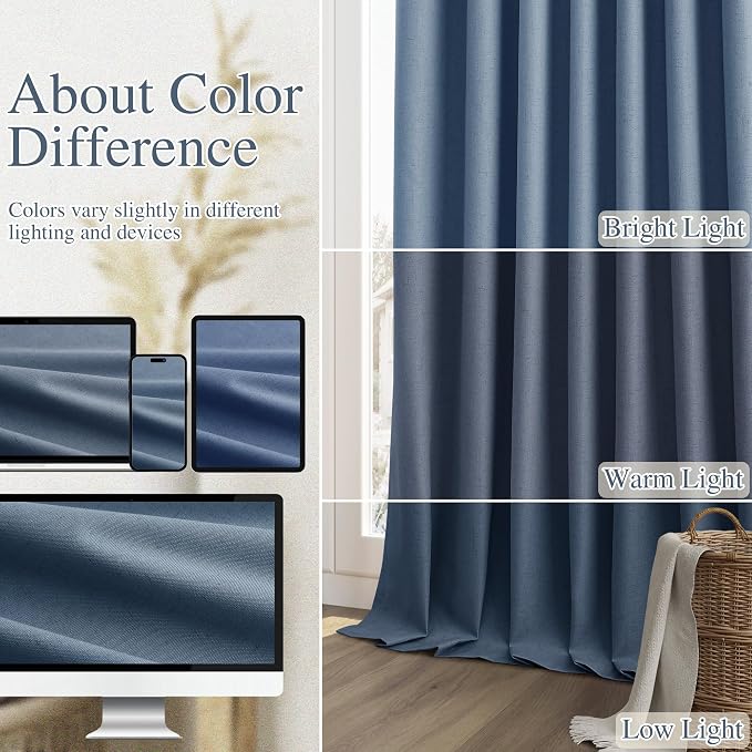 Guken 100% Blackout Curtains 102 Inch Length 2 Panels Set for Living Room Bedroom Back Tab Thermal Insulated Black Out Linen Drapes Room Darkening Window Curtains 102 Inches Long,Denim Blue