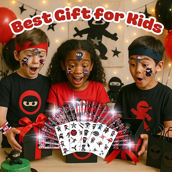 72PCS Ninja Party Favors for Kids - 48 Pre-cut Temporary Tattoos & 24 Slap Bracelets - Ninja Birthday Decorations, Classroom Prizes, Goodie Bag Gifts for Boys & Girls7