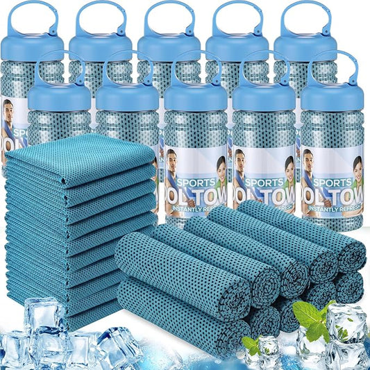Honoson 20 Pcs Cooling Towels for Neck and Face, 47"x12" Sports Breathable Ice Towels Microfiber Chilly Sweat Rags with Portable Bottle for Gym Golf Athletes Yoga Workout Hot Weather (Light Blue)