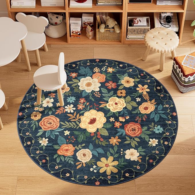 DUKINO 4ft Round Rug, Floral Washable Small Round Area Rug, Navy Blue | Non Slip, Low Pile, Soft Indoor Rug for Kitchen, Bedroom, Living Room, Nursery, Pet Friendly, Home Decor, Stain Resistant