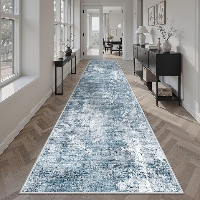 Soalmost Hallway Runner Rug 2'6" x 12' Kitchen Rugs Abstract Blue/Grey | Non-Slip Vintage Long Runners 2.5x12ft for Bathroom Entryway, Thin Low-Pile Foldable Floor Carpet Mat for Corridor Bedroom