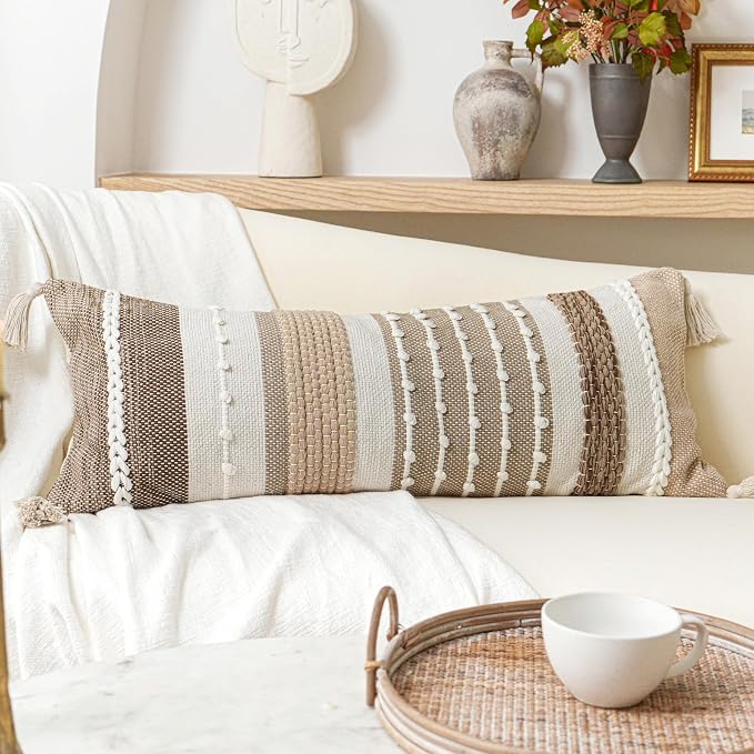 Brown Decorative Lumbar Pillow Cover 14x36 Boho Long Body Pillow for Bed Farmhouse Lumbar Throw Pillow for Couch Modern Accent Textured Throw Pillowcase