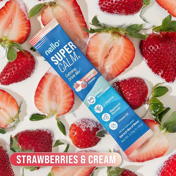 Nello Supercalm Powdered Drink Mix, Cortisol Reducer*, Sleep Aid Supplement, L Theanine, Ksm-66 Ashwagandha, Magnesium Glycinate, Vitamin D 3, No Sugar, Non GMO, 20 Ct, Strawberries & Cream