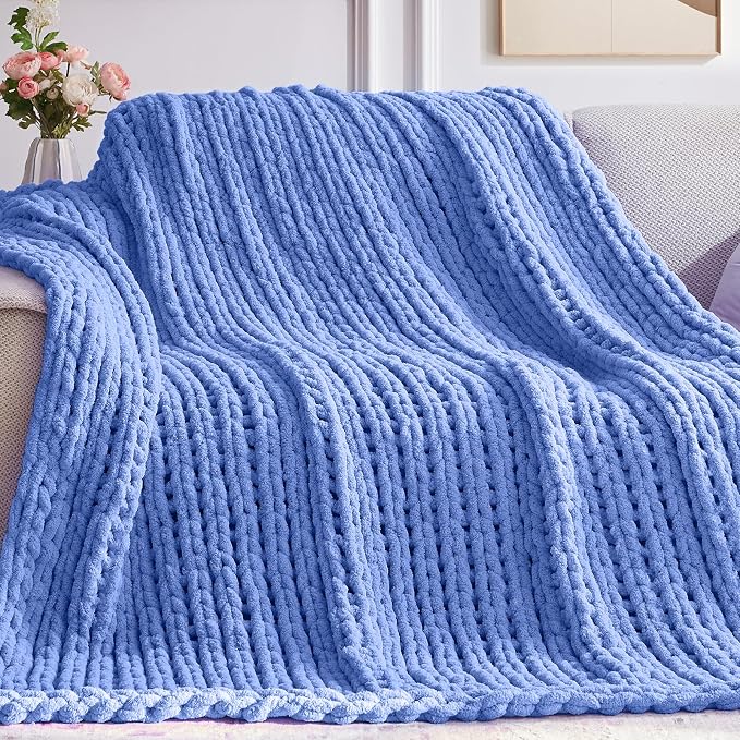 Negwoo Chunky Knit Throw Blanket, Knitted Throw Chenille Yarn, 60"*80" | Soft Thick Cable Knitted Blankets, Handmade Big Thick Blanket, Machine Washable Cute Comfy Blanket for Home Decor, Light blue