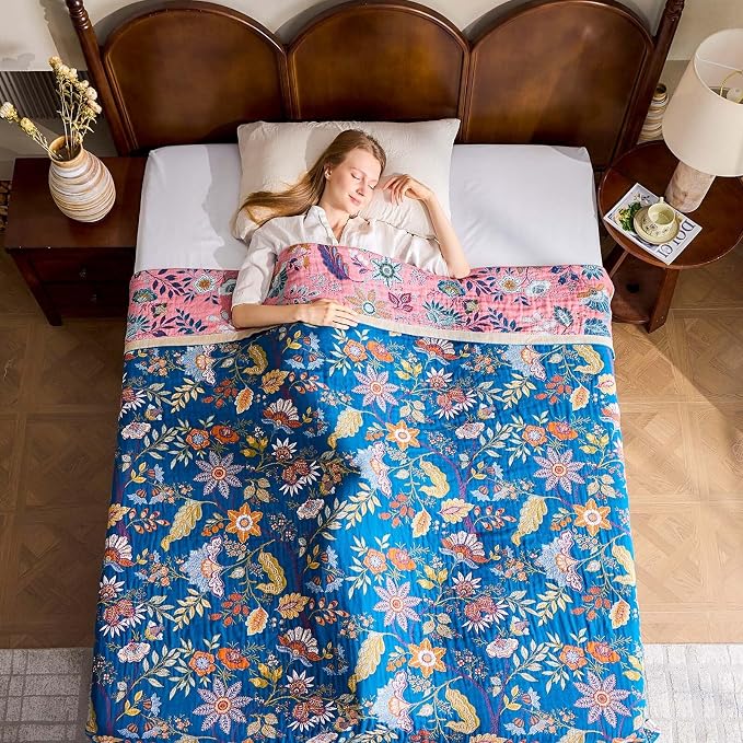 XIBLC Fall Throw Blanket for Couch, Blue Boho Decorative Throw Blanket, 100% Cotton Muslin Breathable Woven Farmhouse Blankets Quilt, 50"x60" Reversible Lightweight Blankets Bohemian Throw Quilt