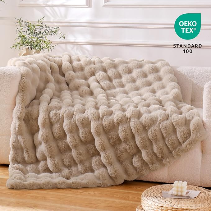 BENVWE Faux Fur Throw Blanket for Couch Bed - Fluffy Soft Thick Bubble Blanket for Living Room Home Decor - Mothers Day Birthday Gifts for Women, Beige, 63" x 80"