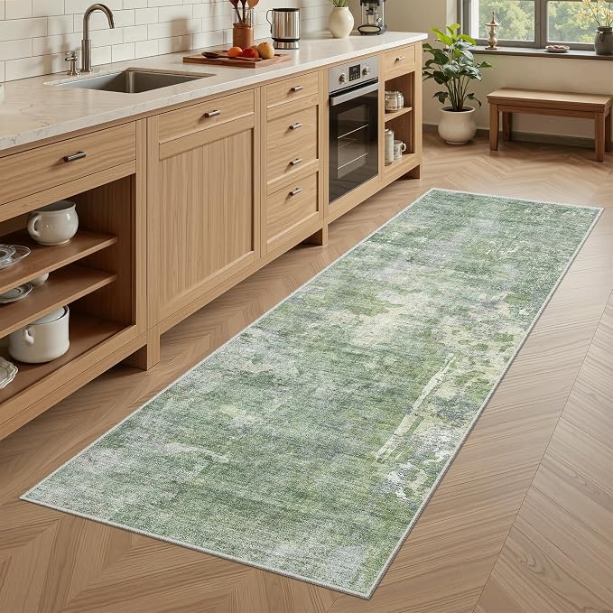 Soalmost Abstratc Runner Rug 2x6 Kitchen Hallway Runners Green/Ivory | Low-Pile Washable Rugs for Entry Bathroom Laundry Room, Vintage Foldable Floor Carpet Mat Entryway for Corridor Bedroom