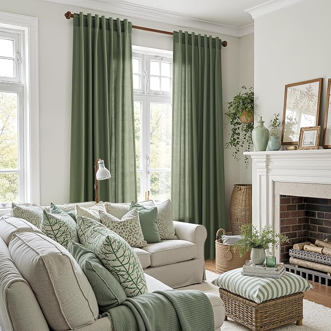 Nanspring Forest Green Linen Curtains 102 Inches Long for Living Room Light Filtering Semi Sheer Curtain Back Tab and Rod Pocket Wabi Sabi Boho Decor Drapes for Bedroom Office 52x102, 2 Panels