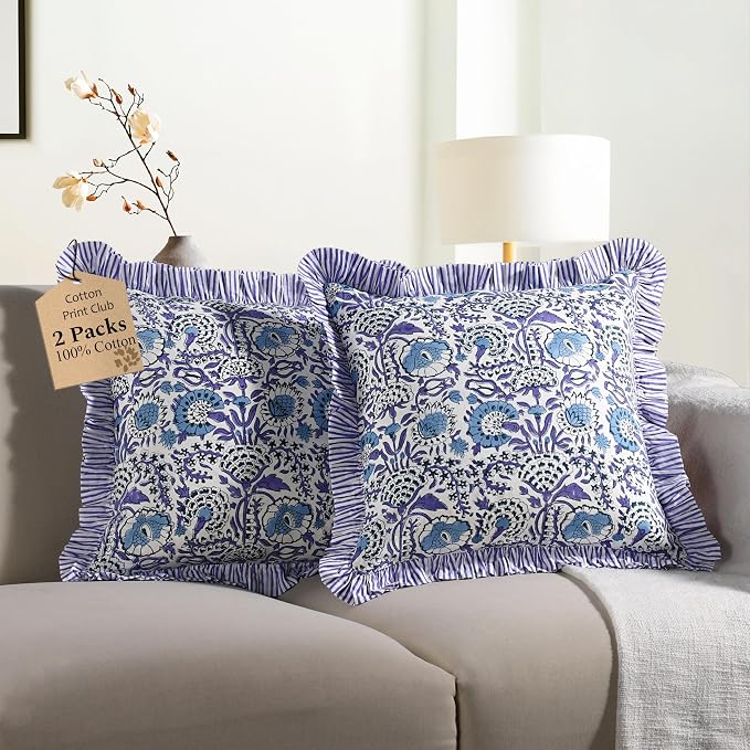 CPC Indigo Blue Ruffle Throw Pillow Covers for Couch, 24x24 Inch Cotton Stripe Ruffle Couch Pillows for Living Room, Hidden 20 Inch Zipper Boho Pillow Case or Cute Outdoor Pillows