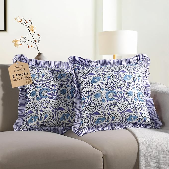 CPC Indigo Blue Ruffle Throw Pillow Covers for Couch, 20x20 Inch Cotton Stripe Ruffle Couch Pillows for Living Room, Hidden 16 Inch Zipper Boho Pillow Case or Cute Outdoor Pillows
