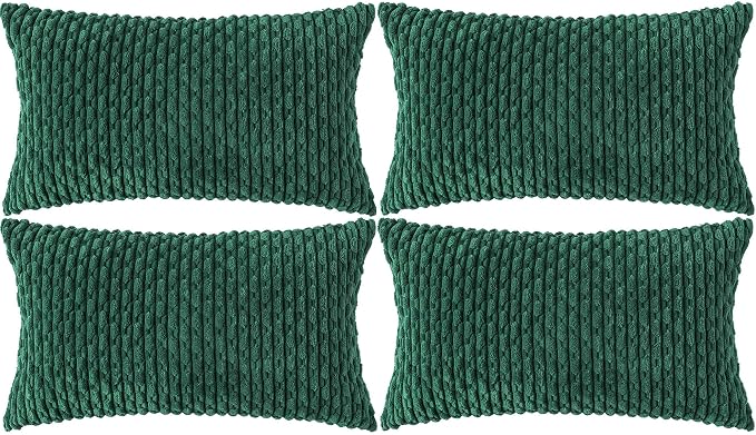 Set of 4 Dark Green Decorative Throw Pillow Covers 12x20 Inch Corduroy Pillow Covers for Bed Couch Sofa Living Room Soft Cushion Cases