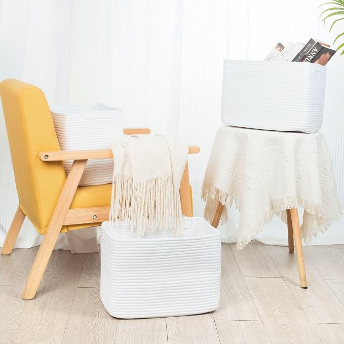 3-Pack Decorative Woven Storage Baskets for Shelves, Cube Bin Box for Organizing Books, Shoes, Dog Toys, Pantry Closet and Living Room Organizer, Full White