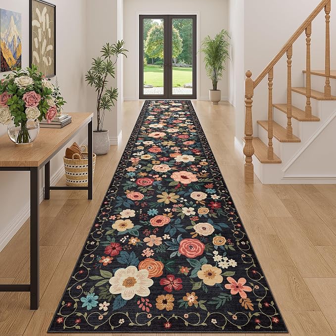 DUKINO 3x16 Runner Rug for Hallway, Non Slip Long Washable Rug, Black | Non Slip, Low Pile, Soft Floral Indoor Runner Rug for Kitchen, Entryway, Bedroom, Bathroom, Pet Friendly, Modern Home Decor