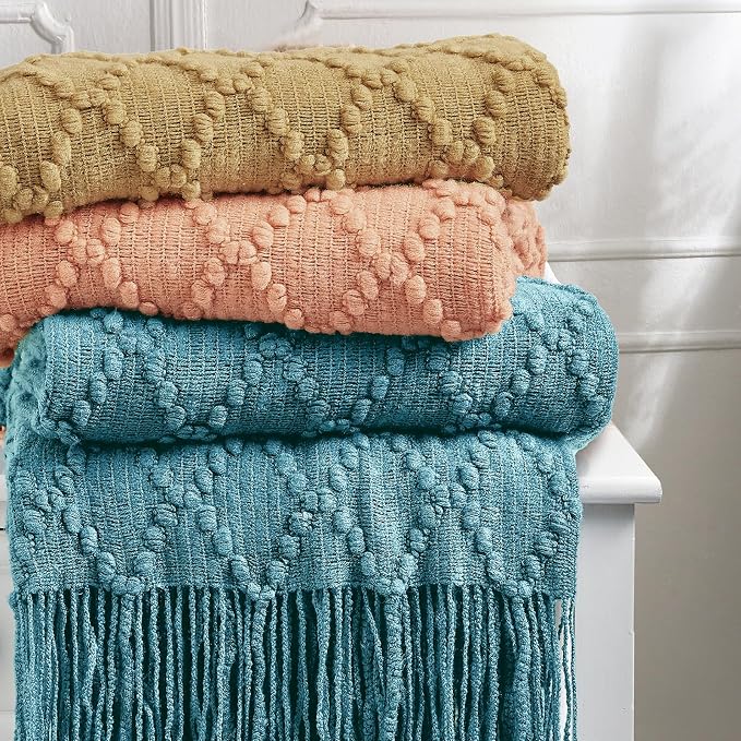 BOURINA Mustard Throw Blanket 50 x70 Inch Jacquard Throw Knitted Blanket | Jacquard Argyle Throw Textured Solid Soft Throws and Blankets for Sofa or Bed Knitted Decorative Blanket