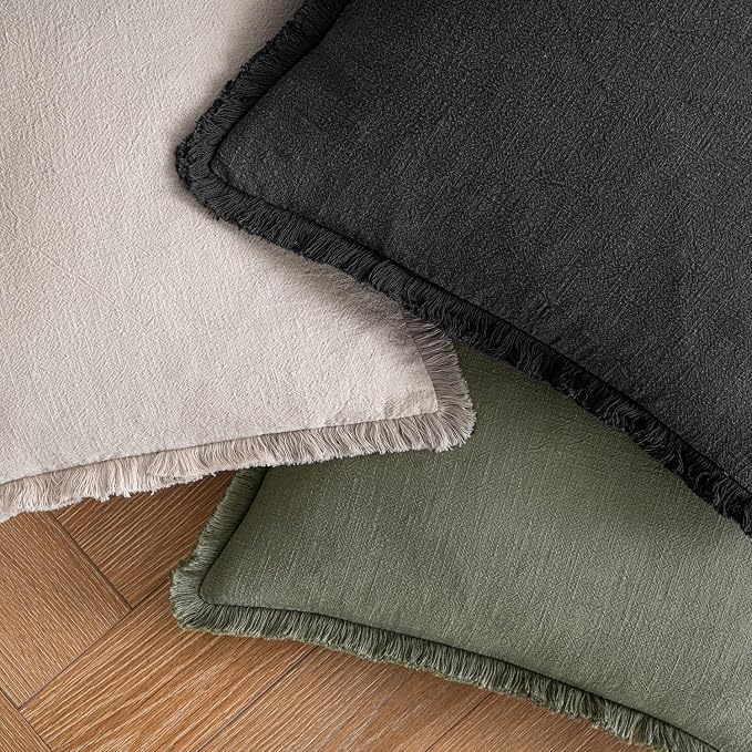 MIULEE Boho Linen Fringe Decorative Euro Throw Pillow Covers Black 22x22 | Set of 2, Cottagecore Decor, Boho Farmhouse Neutral Pillow Covers, Rustic Couch Cushion Cases for Sofa Bed Living Room
