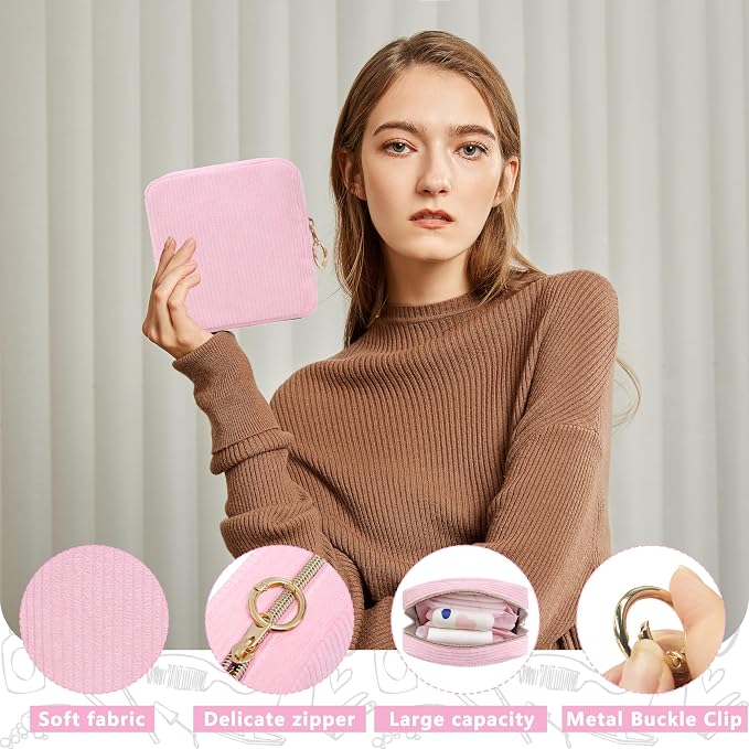 Period Bag for Girls, Corduroy Sanitary Napkin Storage Bag, Period Pouch & Tampon Holder, Feminine Care Organizer（Pink）