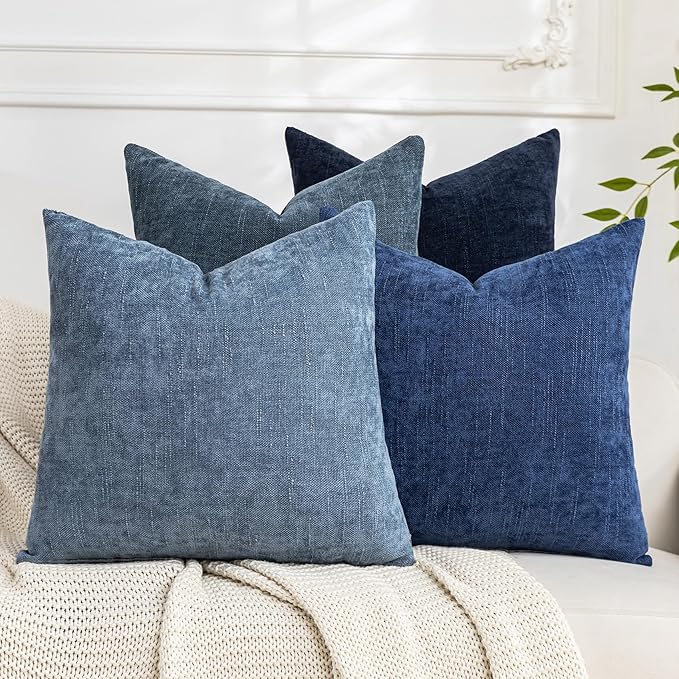 Set of 4 Soft Textured Decorative Throw Pillow Covers 18x18 Inch Cozy Farmhouse Cushion Cover Square Accent Pillow Cases for Bed Couch Sofa Living Room, Blue Series
