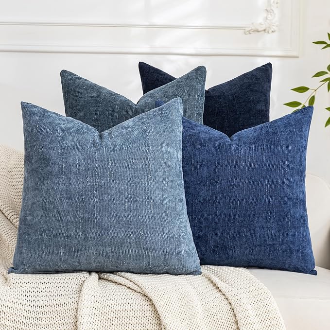 Set of 4 Soft Textured Decorative Throw Pillow Covers 20x20 Inch Cozy Farmhouse Cushion Cover Square Accent Pillow Cases for Bed Couch Sofa Living Room, Blue Series