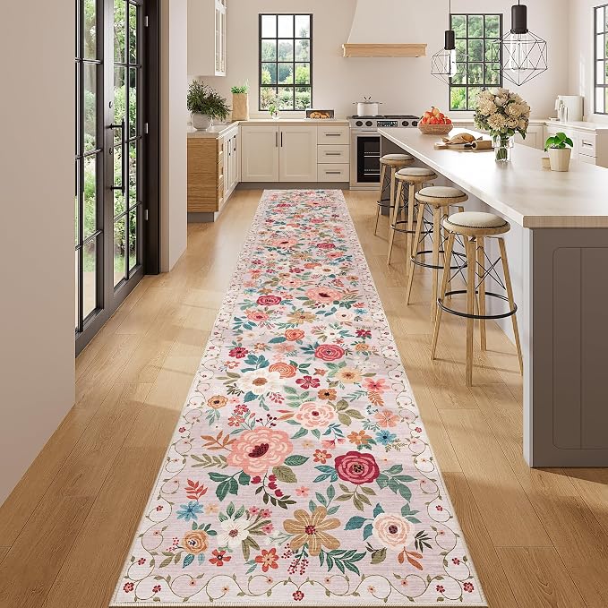 DUKINO 2.6x14 Washable Runner Rug, Floral Non Slip Long Runner Rug, Beige | Soft, Low Pile, Ultra Thin Indoor Rug Runner for Hallway, Entryway, Kitchen, Bedroom, Bathroom, Pet Friendly, Home Decor