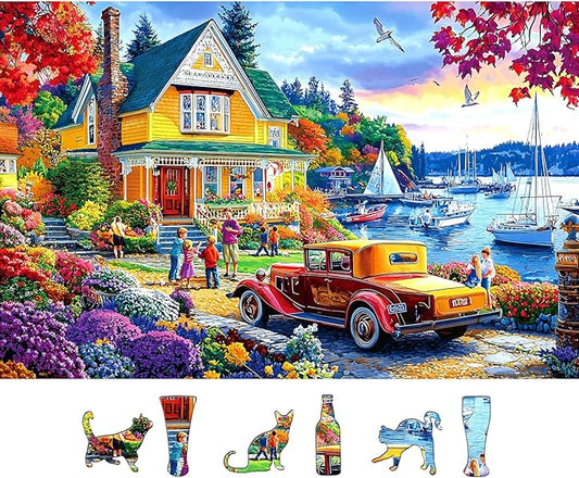 500 Piece Jigsaw Puzzles for Adults Autumn Harbor Cottage Scenic Puzzle Seaside Vibrant Fall House Scenery Puzzles for Seniors & Families, Fun Relax Puzzles with Letters on Back, 23x15 Inch