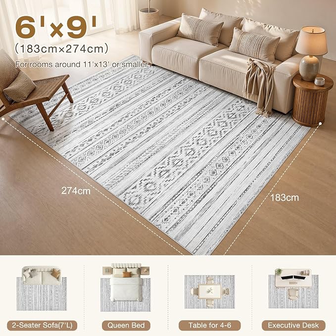 cotiled 6x9 Area Rugs Living Room Rug: Washable Boho Rugs with Non Slip Backing Large Soft Indoor Stain Resistant Carpet for Bedroom Farmhouse Dining Room Lightweight Home Decor Cream Grey