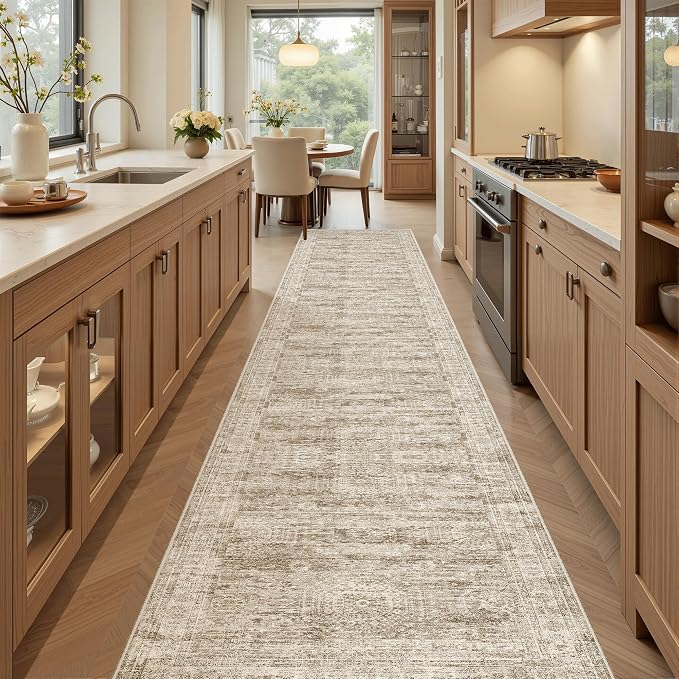 Soalmost Runner Rug 2x10 Washable Non-Slip Hallway Kitchen Runners Brown | Stain Resistant Vintage Rugs for Bathroom Laundry Room, Low Pile Foldable Floor Carpet Mat for Entryway Corridor Bedroom