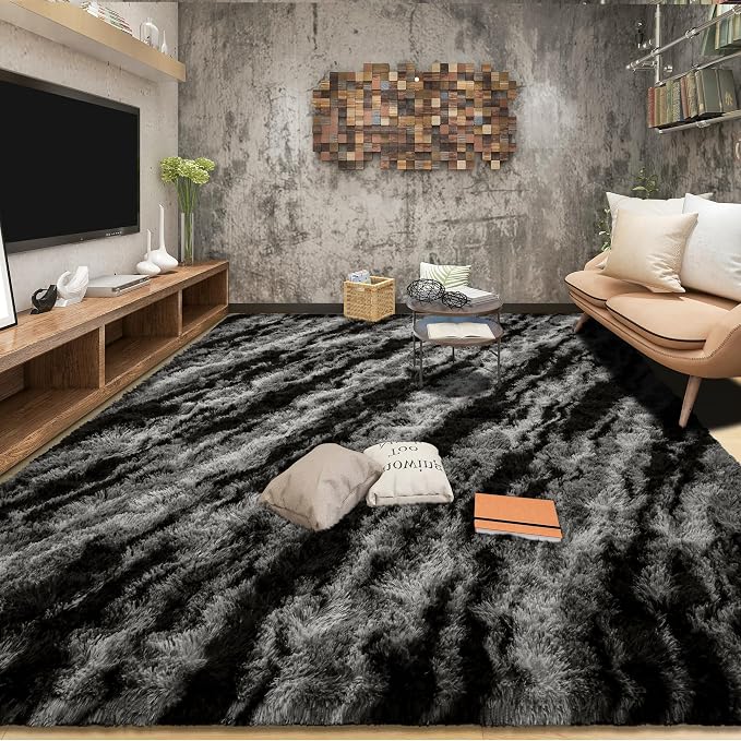 Tepook Fluffy Large Rugs for Living Room, 8x10 Area Rugs for Bedroom, Modern Shag Fuzzy Carpets for Kids Boys Girls, Plush Indoor Nursery Home Decor Rug with Non-Slip Bottom, Black Grey