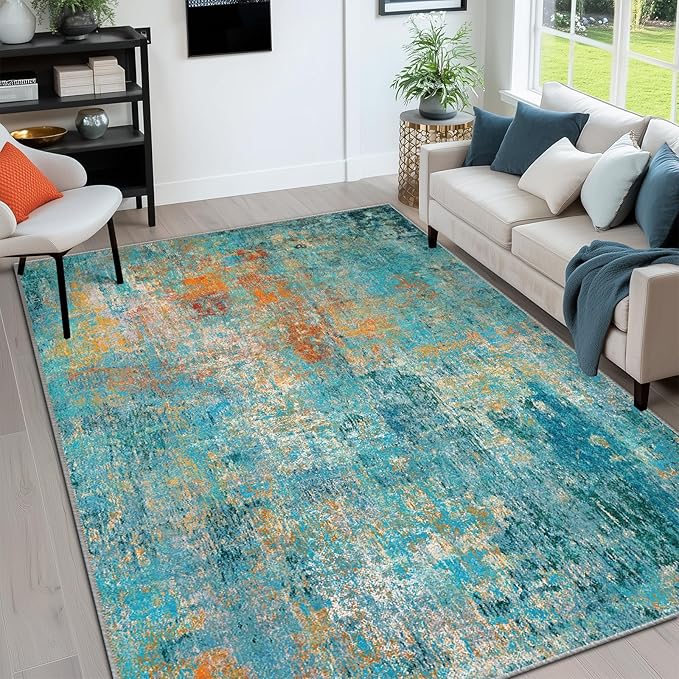 RELEANY Washable 6'x8' Abstract Area Rug for Living Room Teal Multi | carpet for bedroom, kitchen, office, hallway and entryway, printed pattern, non-slip, soft, stain-resistant, easy to clean