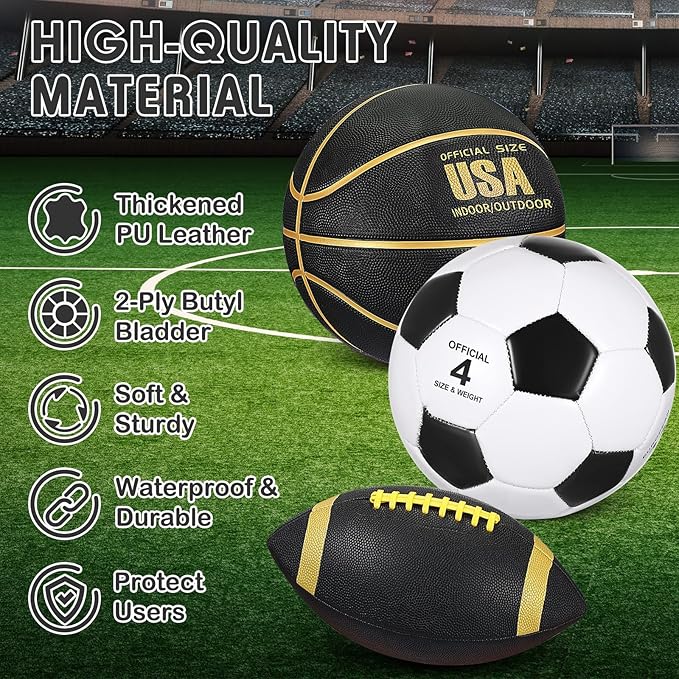 Libima 3 Pcs Sports Ball Set for Kids Teens Include Official Size 5 Basketball 4 Soccer 6 Football with Pump and Carry Bag Training Practice Sport Gift for Kids Teens Back to School