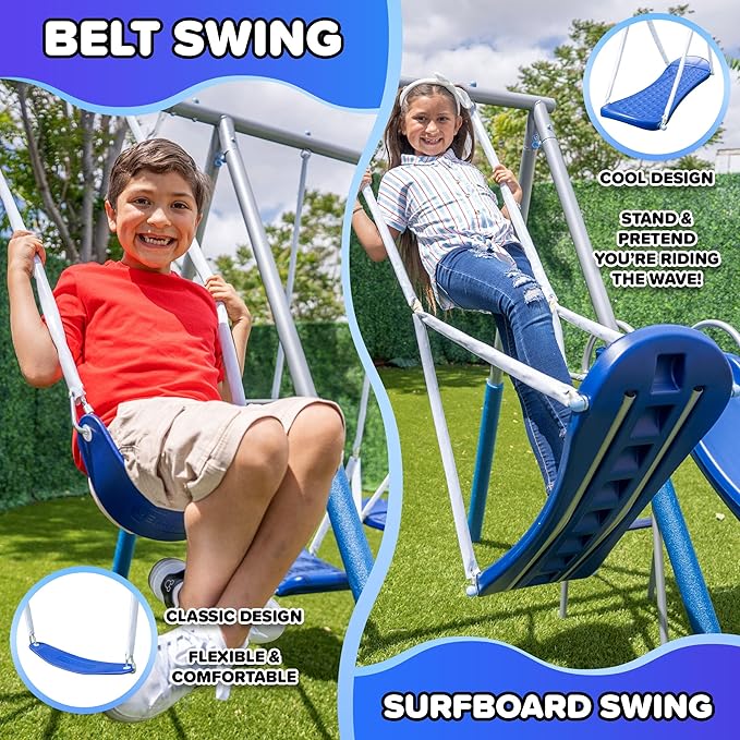 Sportspower Super Surfer Metal Swing Set with 6ft Slide, Skyflyer, Surfboard, Standing & Classic Sling Swing, for Ages 3-8