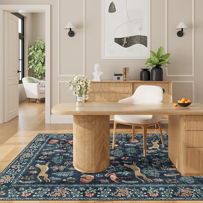 DUKINO 3x5 Rug, Washable Animal Area Rug for Bedroom Non Slip, Navy Blue | Low Pile, Stain Resistant, Soft Indoor Carpet for Living Room, Kitchen, Dining Room, Nursery, Lightweight, Pet Friendly
