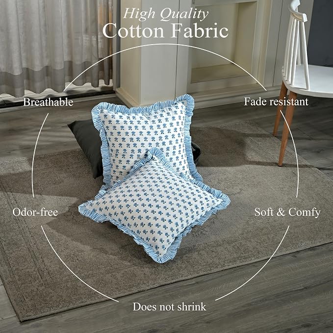 CPC Arctic Blue Hand Block Print 100% Cotton Ruffle Throw Pillow Cover 18x18 inch with Hidden Zipper Decorative for Couch, Bed, Sofa, Farmhouse, Cottagecore Decor Gift Christmas Fall Thanksgiving