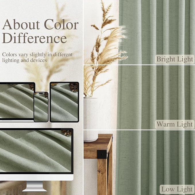 Desert Sage Linen Curtains 63 Inches Long 2 Panel Sets for Living Room Bedroom Rod Pocket Back Tab Light Filtering Drape for Kitchen Window Short Protect Privacy Curtain Modern Farmhouse Decor 52x63