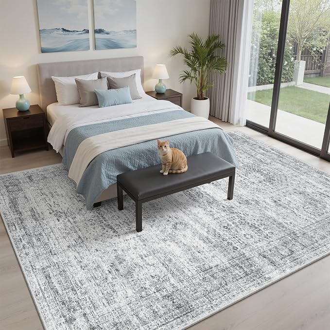 Soalmost 5x7 Area Rugs Grey Low Pile Washable Trendy Faded Style Rug | Vintage Non-Slip Indoor Accent for Bedroom Dining, Foldable Stain Resistant Floor Carpet Mat Under Table Home Office Decor