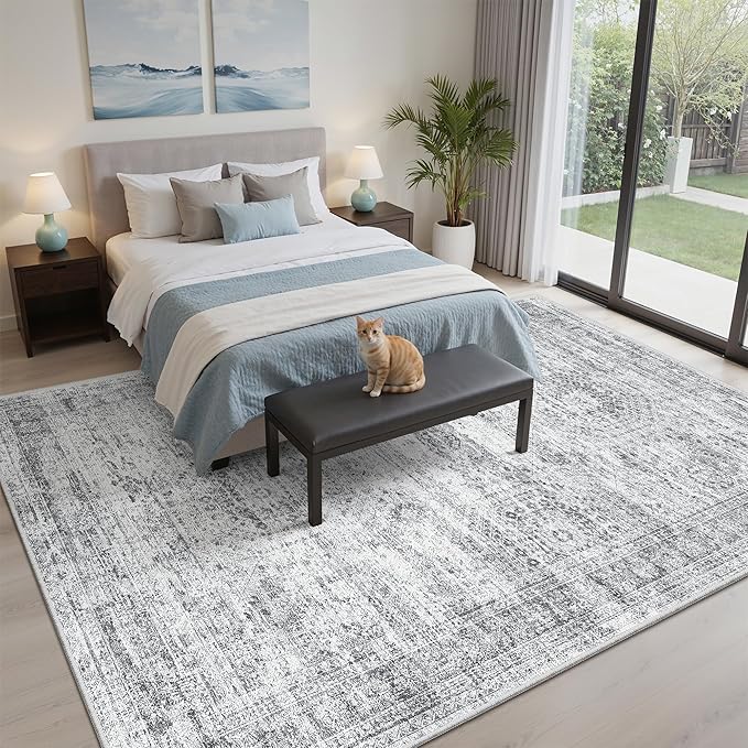 Soalmost 7x9 Area Rug for Living Room Washable Rugs Non-Slip Grey | Low-Pile Vintage Carpet for Dining Bedroom, Foldable Thin Stain Resistant Floor Mat Under Table Home Office Nursery Decor