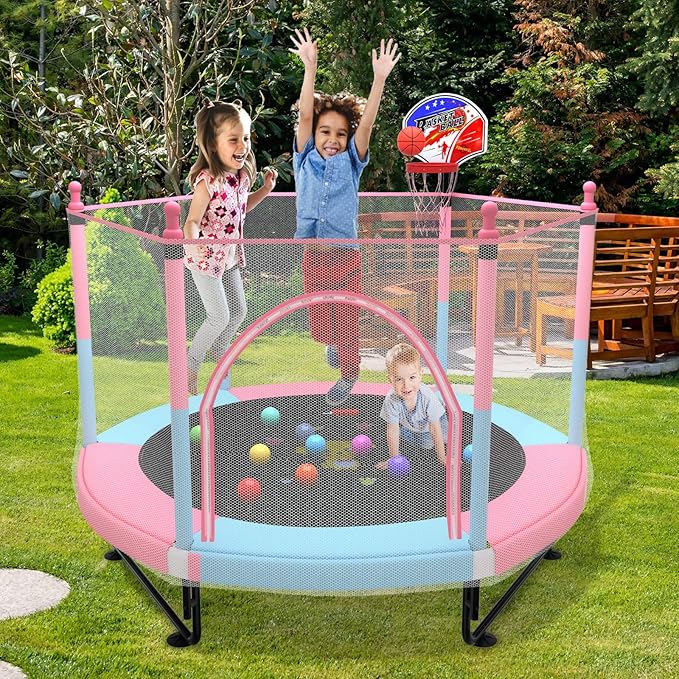 5FT Trampoline for Kids Toddler Indoor Trampoline with Safety Enclosure Net, Mini Basketball Hoop, Jumping Mat for Home Entertainment Equipment Outdoor Backyard Games