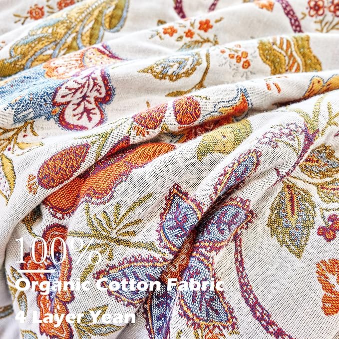 VANJOROY Boho Throw Blanket, 100% Organic Cotton Breathable Skin-Friendly Ultra Soft Bed Quilt Throw - All Season Floral Farmhouse Décor Luxury Blanket for Sofa Couch Chair and Gift. 91" x 98"