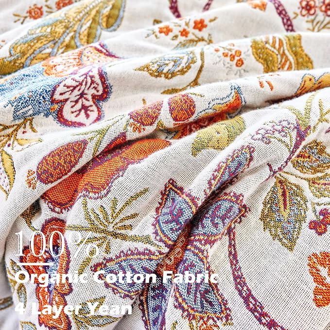 VANJOROY Boho Throw Blanket, 100% Organic Cotton Breathable Skin-Friendly Ultra Soft Bed Quilt Throw - All Season Floral Farmhouse Décor Luxury Blanket for Sofa Couch Chair and Gift. 80" x 90"