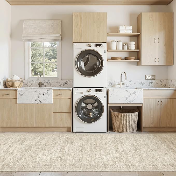 Soalmost Washable 3x12 Hallway Runner Rug Non-Slip Kitchen Entry Rugs Beige | Vintage Long Runners 12ft for Bathroom Entryway, Foldable Low-Pile Wide Floor Carpet Mat for Corridor Laundry Room Bedroom