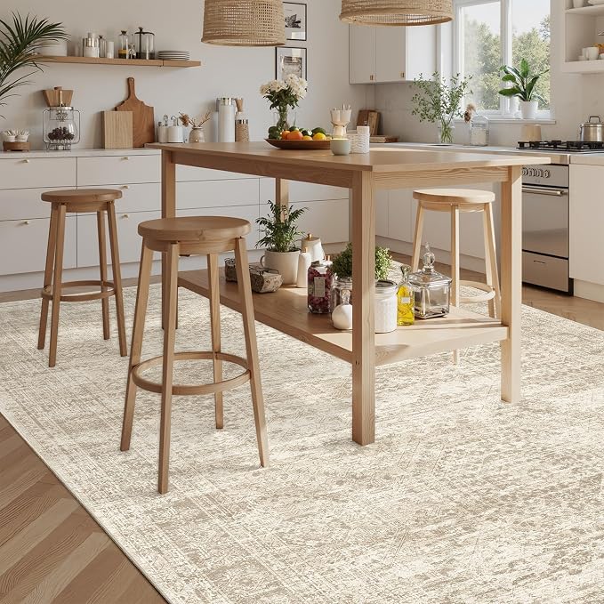 Soalmost Washable Area Rug 8x10 Large Soft Beige Rugs for Living Room | Vintage Non-Slip Carpet for Dining Bedroom, Stain Resistant Low Pile Foldable Lightweight Floor Mat Under Table Home Decor