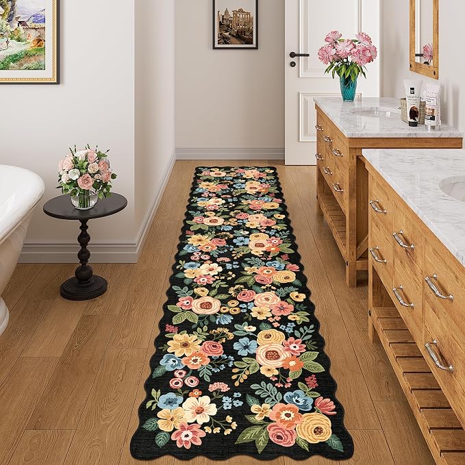 DUKINO 2x8 Washable Runner Rug, Floral Non Slip Kitchen Runner Rug, Black | Low Pile, Soft Throw Rug Runner for Hallway, Entryway, Bedroom, Bathroom, Pet Friendly, Stain Resistant, Home Decor